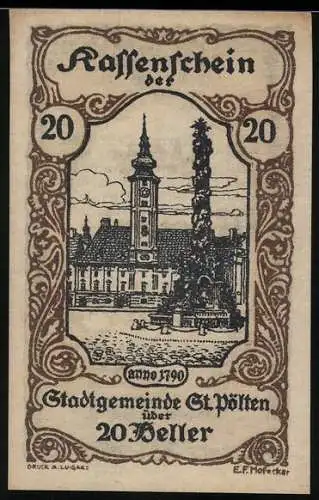 Notgeld St. Pölten 1920, 20 Heller, Stadtansicht mit Säule, Wappen und Unterschriften