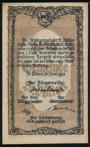 Notgeld St. Pölten 1920, 20 Heller, Stadtansicht mit Säule, Wappen und Unterschriften