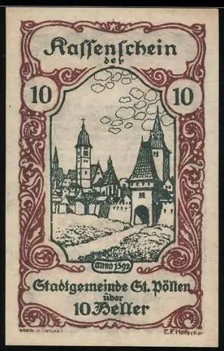 Notgeld St. Pölten 1920, 10 Heller, Stadtansicht und Wappen, anno 1592