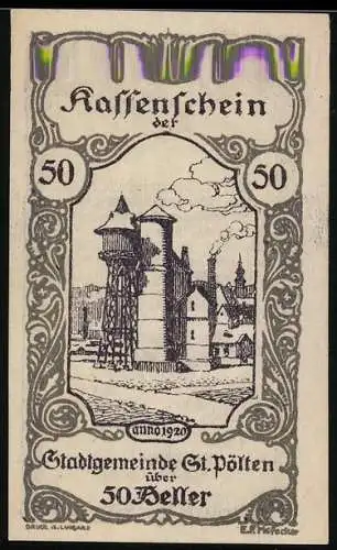 Notgeld St. Pölten 1920, 50 Heller, Stadtansicht mit Wasserturm und Schornsteinen, Signaturen, Wappen