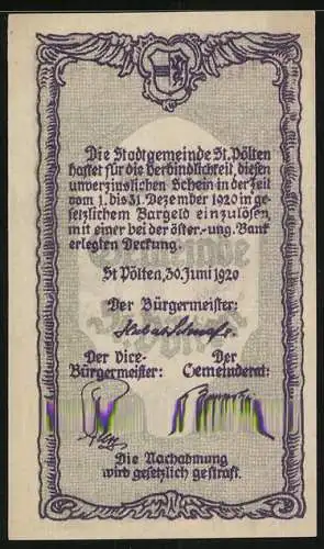 Notgeld St. Pölten 1920, 50 Heller, Stadtansicht mit Wasserturm und Schornsteinen, Signaturen, Wappen