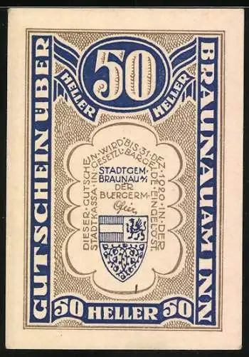 Notgeld Braunau am Inn, 50 Heller, Stadtansicht mit Fluss und Wappen