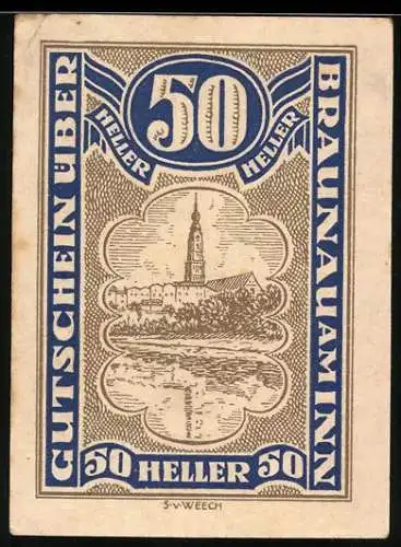 Notgeld Braunau am Inn 1920, 50 Heller, Stadtansicht und Wappen der Stadt Braunau am Inn