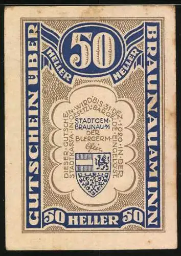 Notgeld Braunau am Inn 1920, 50 Heller, Stadtansicht und Wappen der Stadt Braunau am Inn