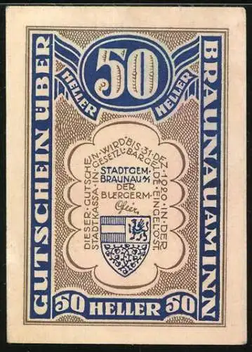 Notgeld Braunau am Inn, 50 Heller, Stadtansicht und Wappen, 1920