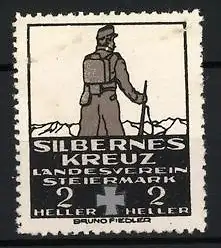 Reklamemarke Landesverein Steiermark, Silbernes Kreuz, Gebirgsjäger mit Rucksack und Gewehr