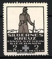 Reklamemarke Landesverein Steiermark, Silbernes Kreuz, Gebirgsjäger mit Rucksack und Gewehr