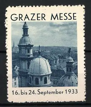 Reklamemarke Graz, Grazer Messe 1933, Stadtsilhouette mit Kuppeln