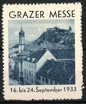 Reklamemarke Graz, Grazer Messe 1933, Stadtansicht mit Uhrturm