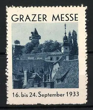 Reklamemarke Graz, Grazer Messe 1933, Stadtansicht mit Wohnhäusern und Türmen