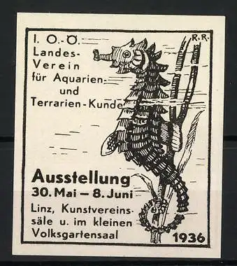 Reklamemarke Linz, Ausstellung für Aquarien &amp Terrarien-Kunde 1936, Seepferdchen