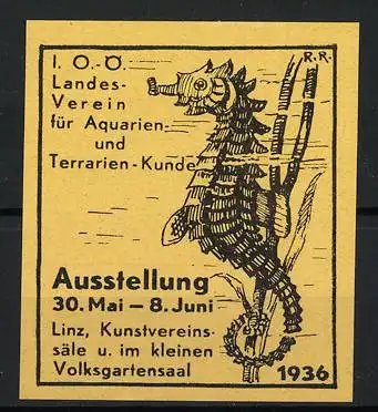 Reklamemarke Linz, Ausstellung für Aquarien &amp Terrarien-Kunde 1936, Seepferdchen