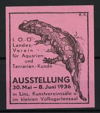 Reklamemarke Linz, Ausstellung für Aquarien &amp Terrarien-Kunde 1936, Salamander-Illustration