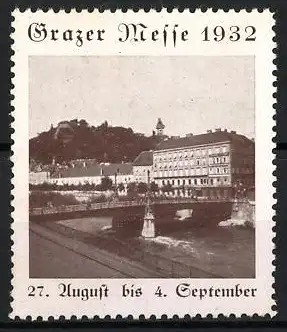 Reklamemarke Graz, Grazer Messe 1932, Stadtansicht mit Fluss und Schlossberg