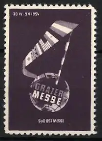 Reklamemarke Graz, Grazer Messe 1954, Weltkugel mit Fahnenband