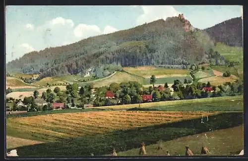 AK Ober-Hermsdorf /Riesengebirge, Ortsansicht mit Kynast