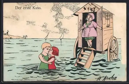 AK Der erste Kuss, Kleines Paar in Badeanzügen im Wasser, empörte Dame vor Badewagen