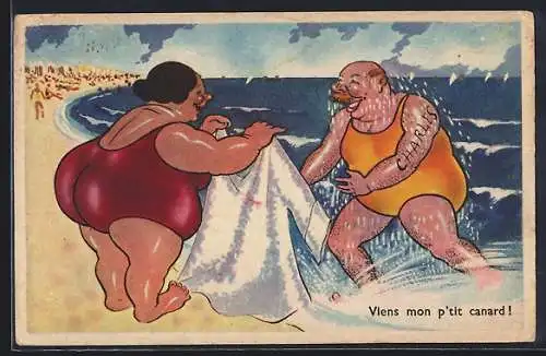 AK Beleibte Dame und kräftiger Herr in Badeanzügen am Strand, Karikatur