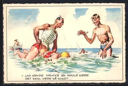 AK Mann hält Frau im Bikini über Wasser, Badehose, Karikatur