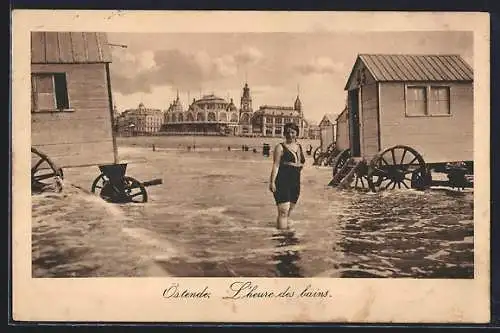 AK Ostende, L`heure des bains, Dame im Badeanzug, Badewagen