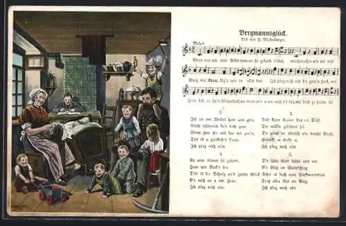 Lied-AK Hilmar Mückenberger: Bergmannsglück, Lied in Mundart, Bauernfamilie in der Stube