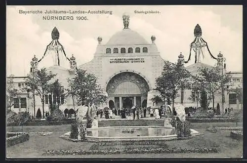 AK Nürnberg, Bayrische Jubiläums-Landes-Ausstellung 1906, Brunnen am Staastgebäude