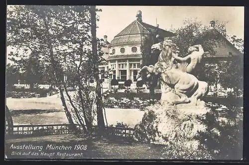 AK Ausstellung München 1908 mit Blick auf das Haupt Restaurant, vorne Reiterstatue