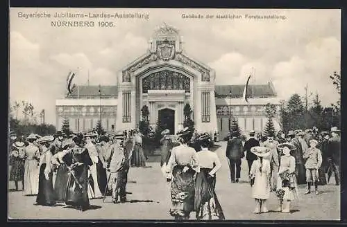 AK Nürnberg, Bayerische Jubiläums-Landes-Ausstellung 1906, Gebäude der staatlichen Forstausstellung, Besucher