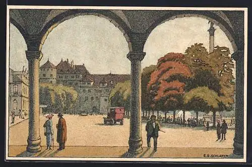 Künstler-AK Ernst E. Schlatter: Marktplatz mit Denkmal und Springbrunnen