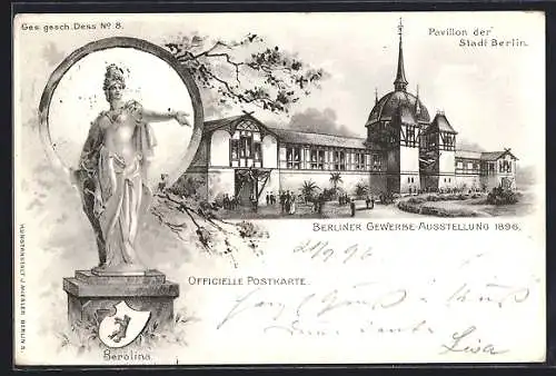 Lithographie Berlin, Gewerbe-Ausstellung 1896, Pavillion d. Stadt Berlin