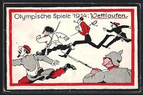 AK Olympische Spiele 1914, Wettlaufen, Soldaten laufen vor den Deutschen davon