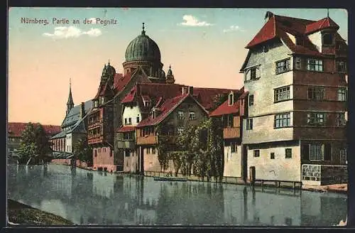 AK Nürnberg, Partie an der Pegnitz mit der Synagoge