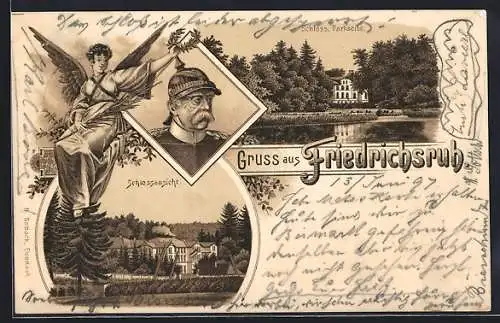 Lithographie Friedrichsruh, Bismarck, Schlossansicht, Schloss Parkseite