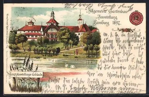 Lithographie Hamburg, Allgemeine Gartenbau Ausstellung 1897, Ansicht vom Haupt-Ausstellungs-Gebäude