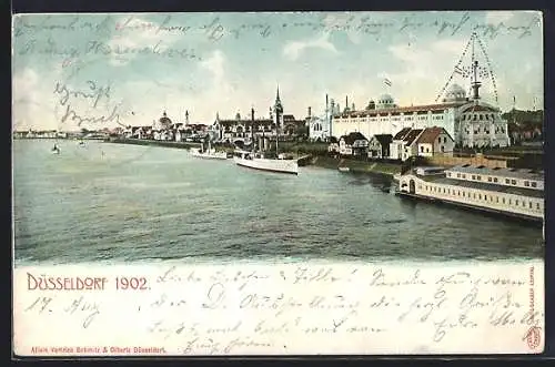 AK Düsseldorf, Partie am Rhein mit Ausstellungsgebäuden, Dampfer, Schiffe, 1902