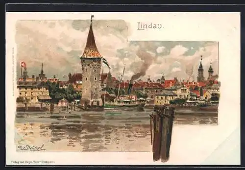 Künstler-Lithographie Otto Strützel: Lindau, Blick zum Ort, Dampfer