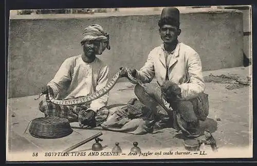 AK Arab Juggler & Snake Charmer, arabische Schlangenbeschörer mit Schlange