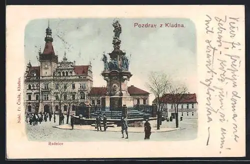 AK Kladno, Radnice, Rathaus und Pestsäule