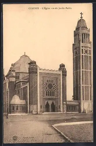 AK Comines, L`Église vue du Jardin Public