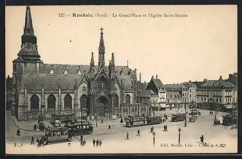 AK Roubaix, La Grand`Place et l`Eglise Saint-Martin, Strassenbahn