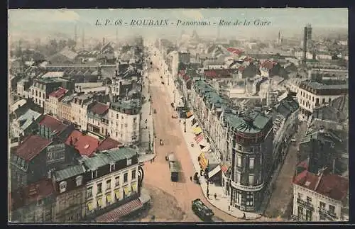 AK Roubaix, Panorama, Rue de la Gare, Strassenbahn