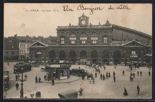 AK Lille, La Gare, Strassenbahn