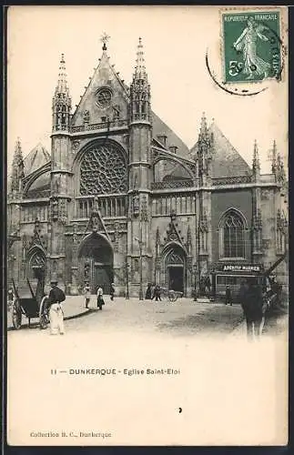 AK Dunkerque, Eglise Saint-Eloi, Strassenbahn