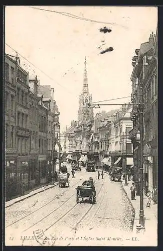 AK Lille, La Rue de Paris et l`Église Saint-Maurice, Strassenbahn