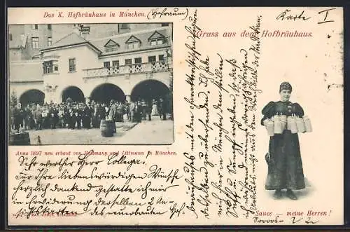 AK München, Münchner Hofbräuhaus, Hof, Wirtin mit Bierkrügen