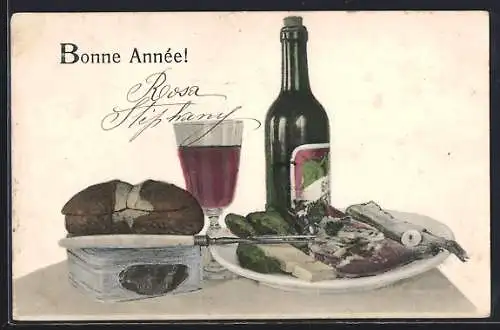 AK Teller mit Fisch, Bierflasche und Brotlaib, Rezept