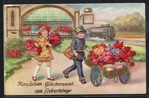 Präge-AK Page mit einem Karren Blumen am Bahnhof, Geburtstagsgruss