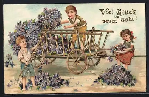 Lithographie Glückwunsch zum neuen Jahre, Kinder füllen Karren mit Blüten