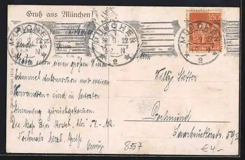 AK München, Münchner Kindl führt einen vollbeladenen Karren mit Bierfässern an