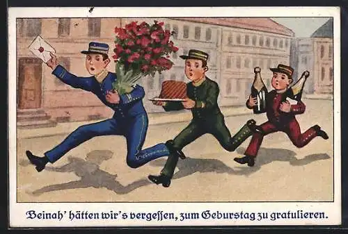 AK Drei rennende Pagen mit Sekt und Kuchen, Geburtstagsgruss